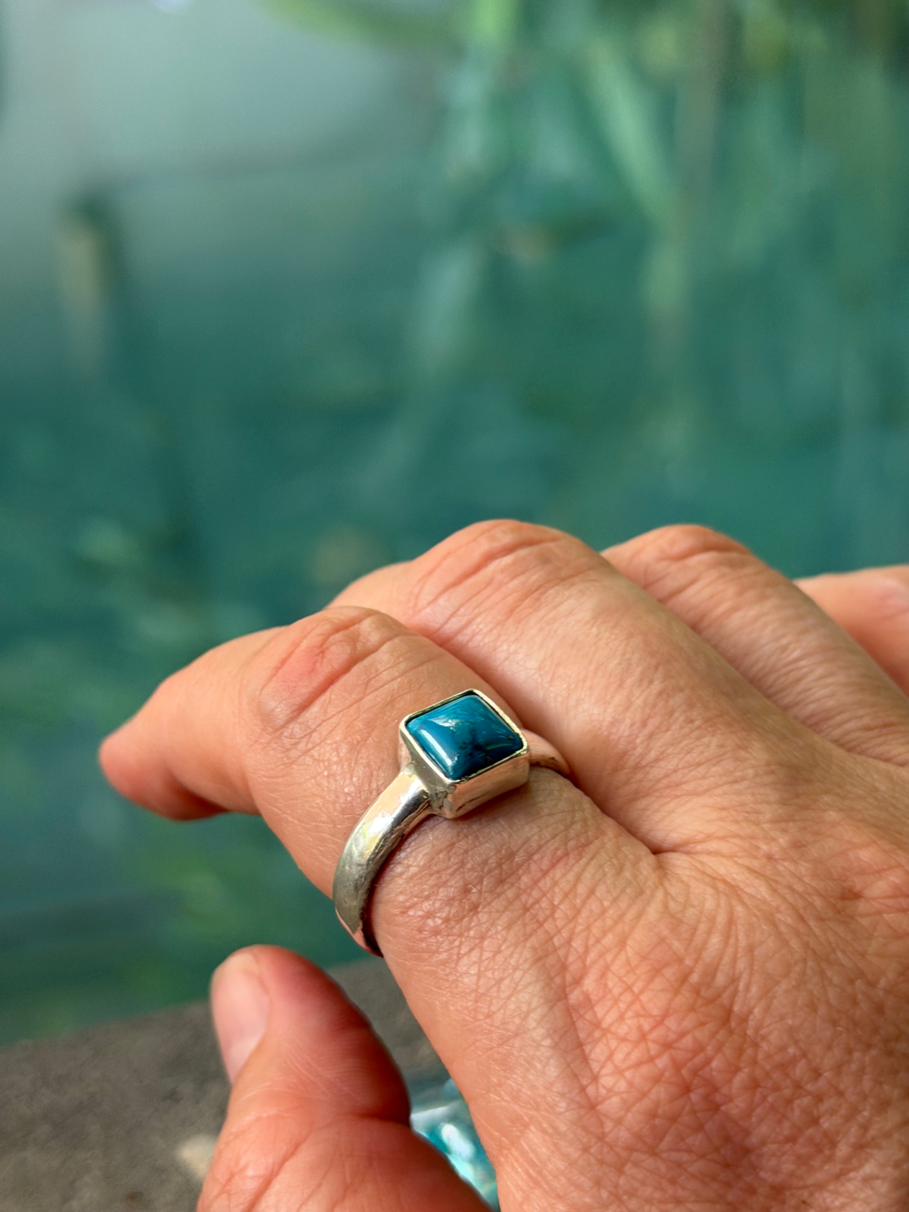 Hand wearing a silver ring with a blue Turquiose stone against a blurred green background